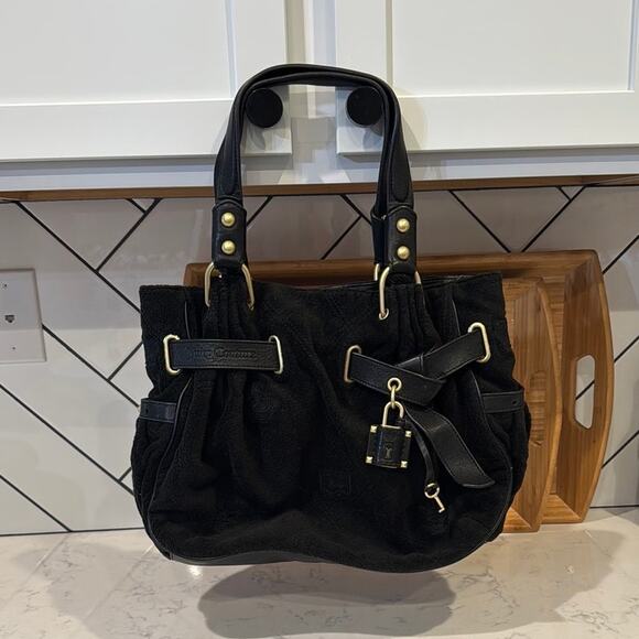 Juicy Couture iconic padlock day shoulder tote bag black terry cloth Y2K it Girl - Picture 1 of 6